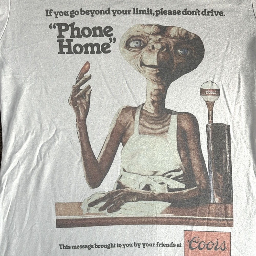New: ET phone home, ET bartender Coors beer, women’s medium next level T-shirt